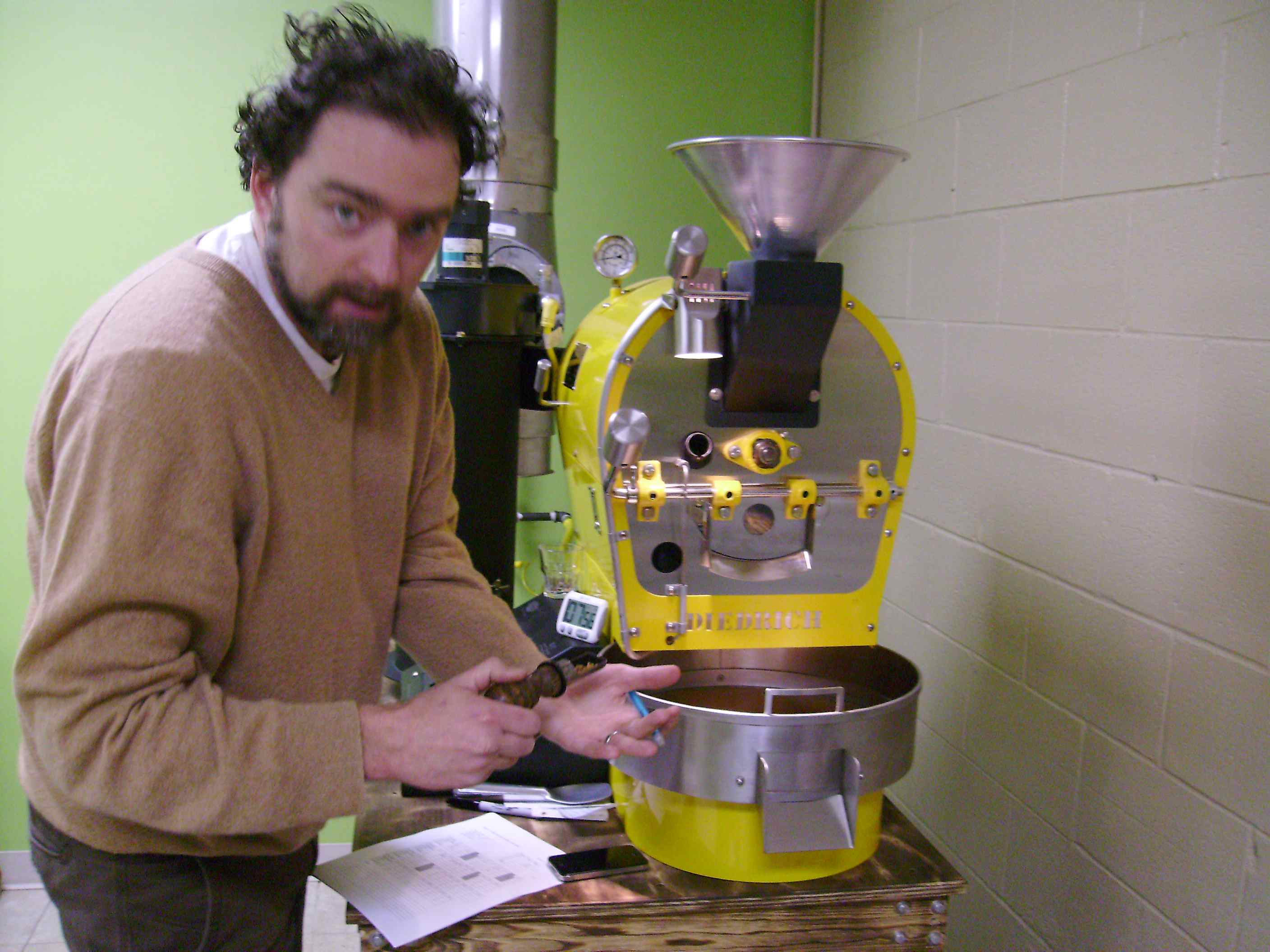 Throughout the roasting process, Jed has to constantly monitor the progress of the beans. 