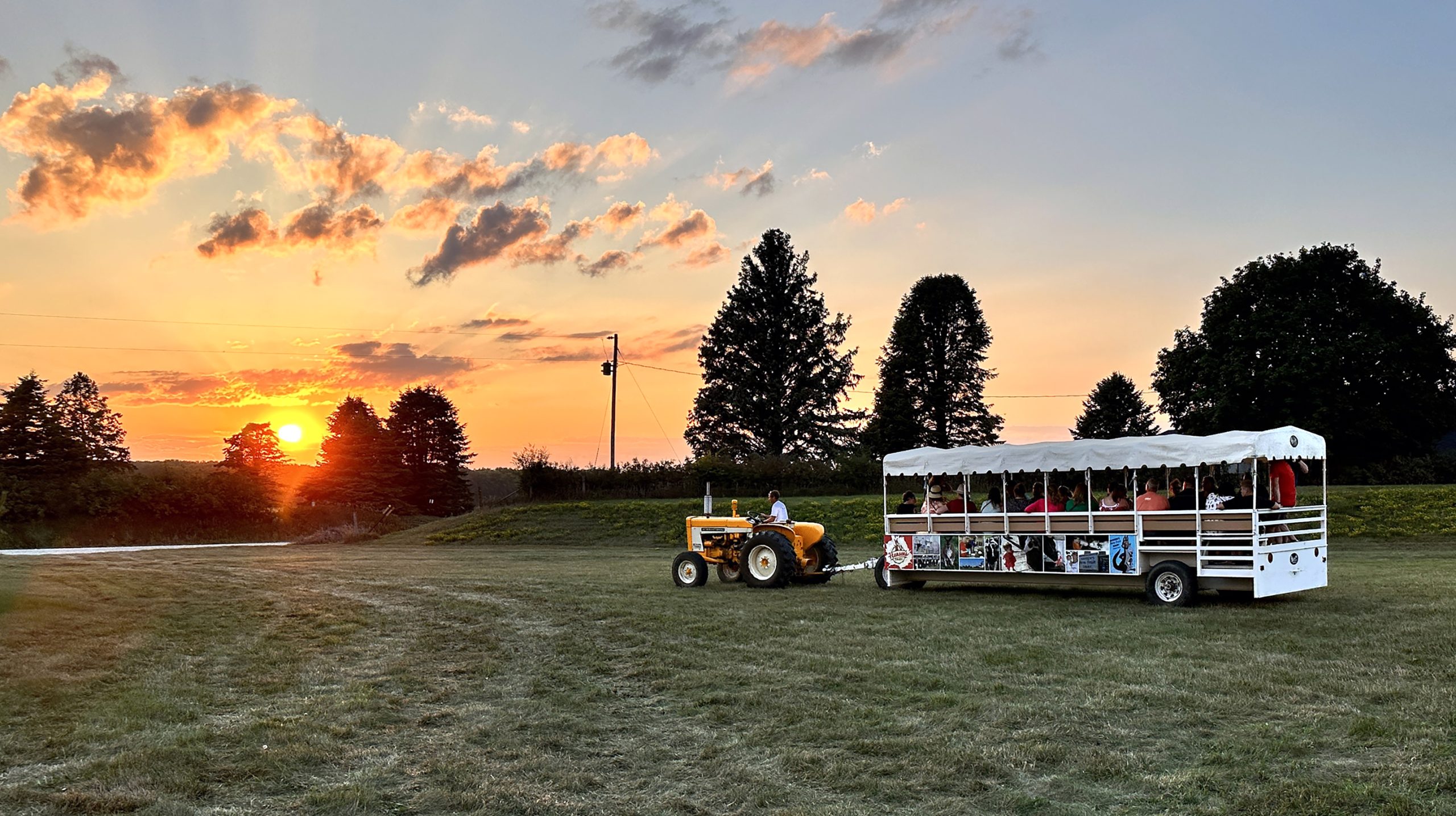 hansen's dairy trolly with guests at sunset
