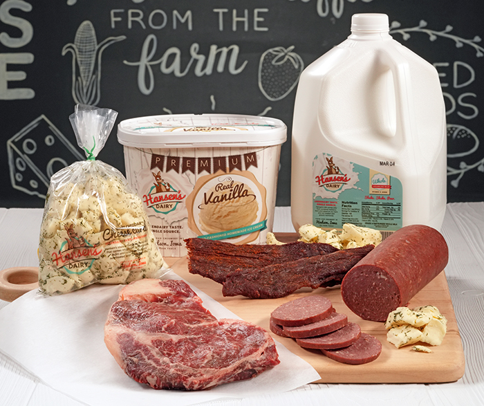 Feast Mode Bundle of cheese curds, ice cream, milk, cheese curds, Wagyu steak, summer sausage and beef jerky.