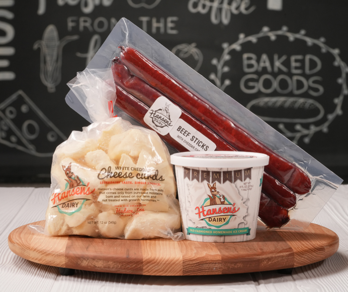 Snack Pack Bundle of cheese curds, beef sticks and half pint of ice cream